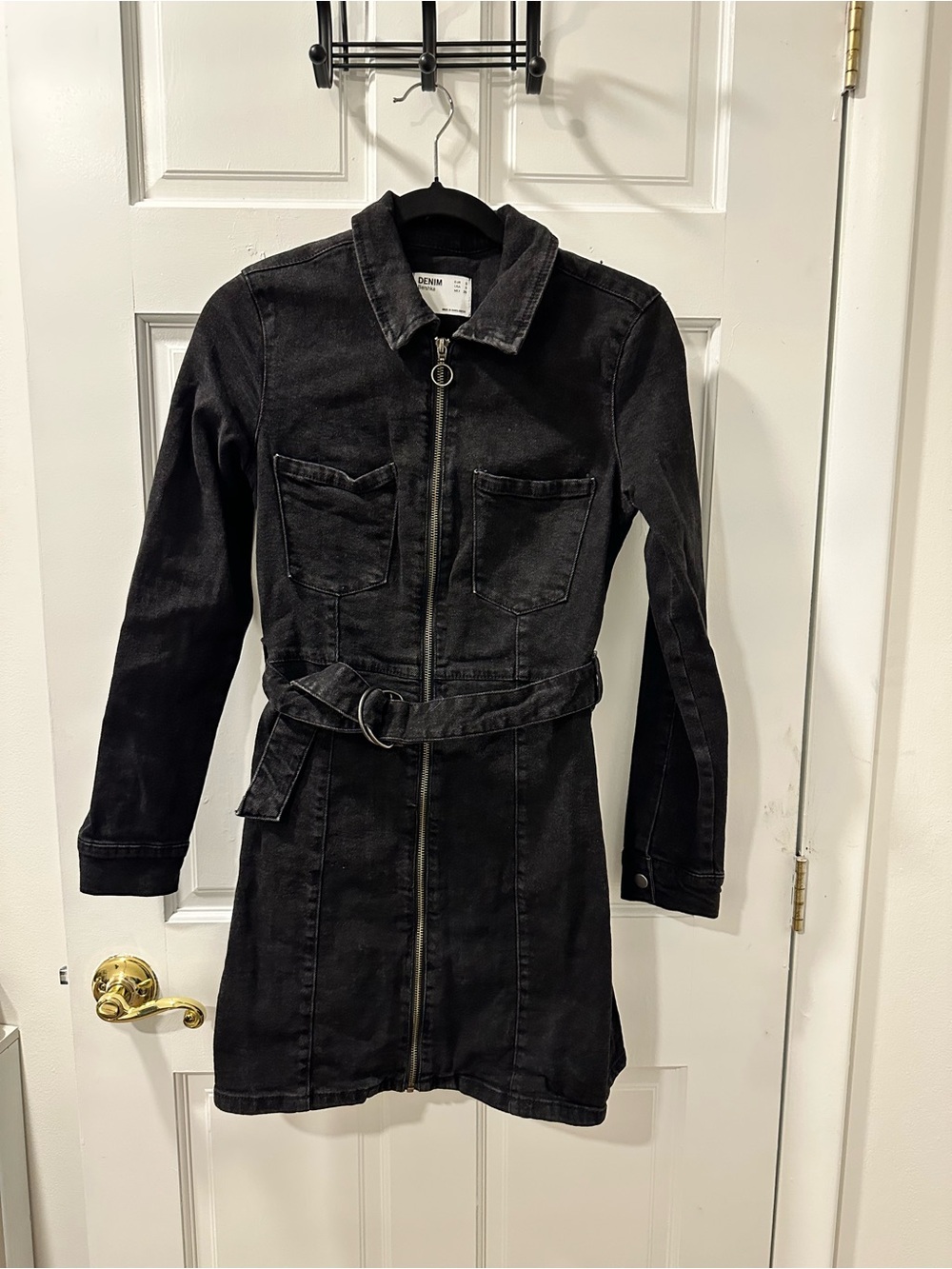 Bershka Black Zip-Front Denim Jacket Dress with Belt